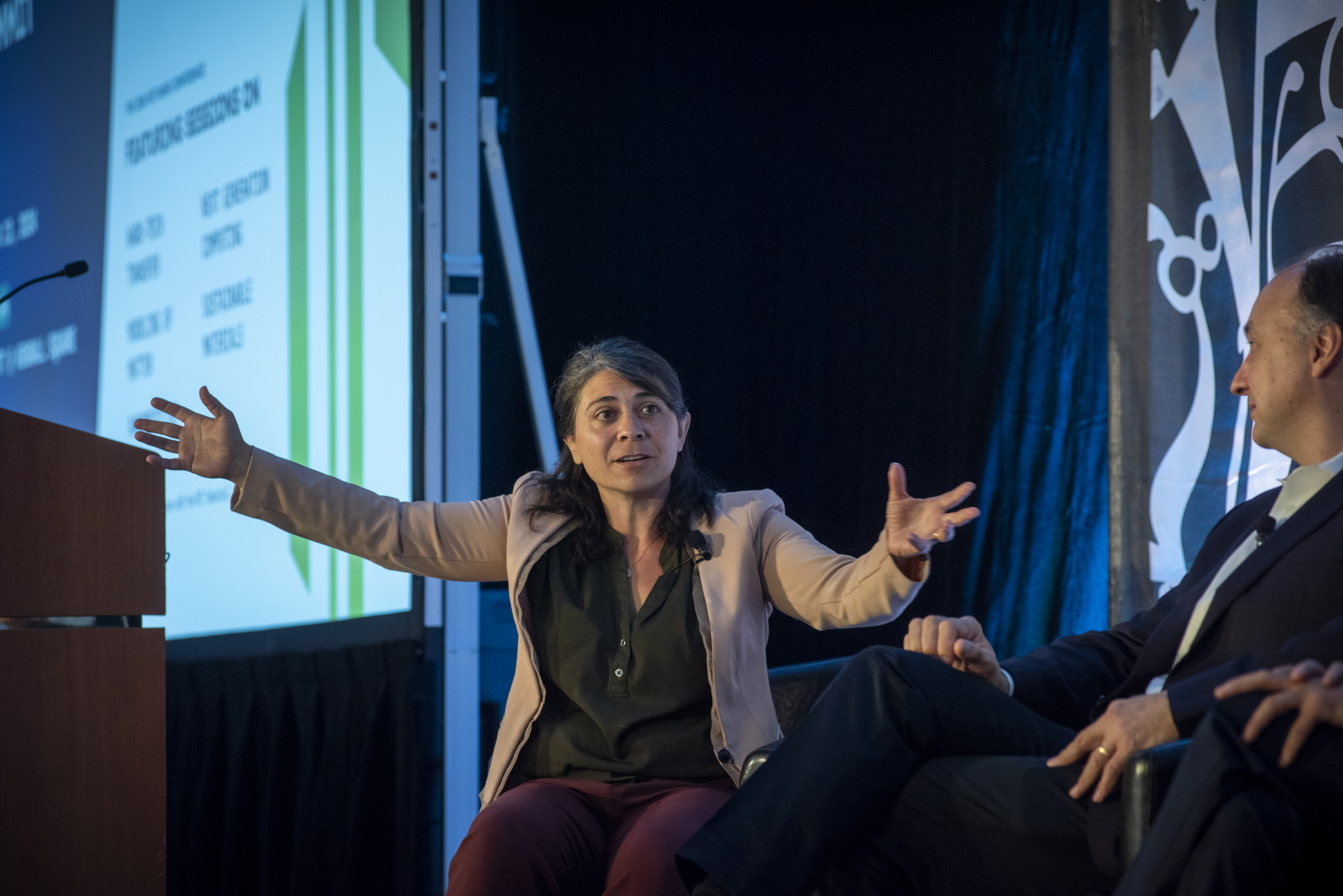 Desirée Plata, associate professor in the MIT Department of Civil & Environmental Engineering, leads a Q&A with MIT faculty speakers in the Sustainable Materials Solutions for Next-Generation Technologies session at the 2024 Nano Summit. 