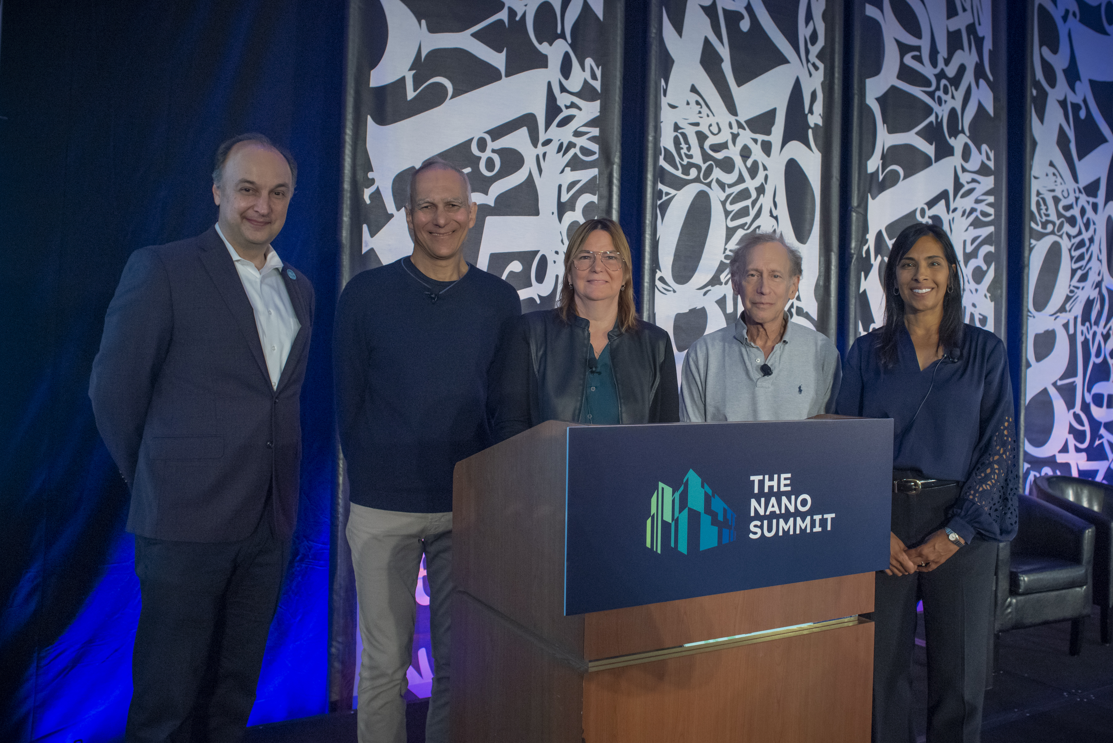 (L-R) MIT.nano Director Vladimir Bulović, the Fariborz Maseeh (1990) Prof. of Emerging Technologies; Nobel Prize Laureate Moungi Bawendi, the Lester Wolfe Prof. of Chemistry; Angela Belcher, James Mason Crafts Prof. of Biological Engineering & Materials Science; Robert Langer, the David H. Koch (1962) Institute Professor; Marble Center for Cancer Nanomedicine Director Sangeeta Bhatia, the John J. & Dorothy Wilson Professor of Health Sciences & Technology and of Electrical Engineering & Computer Science.