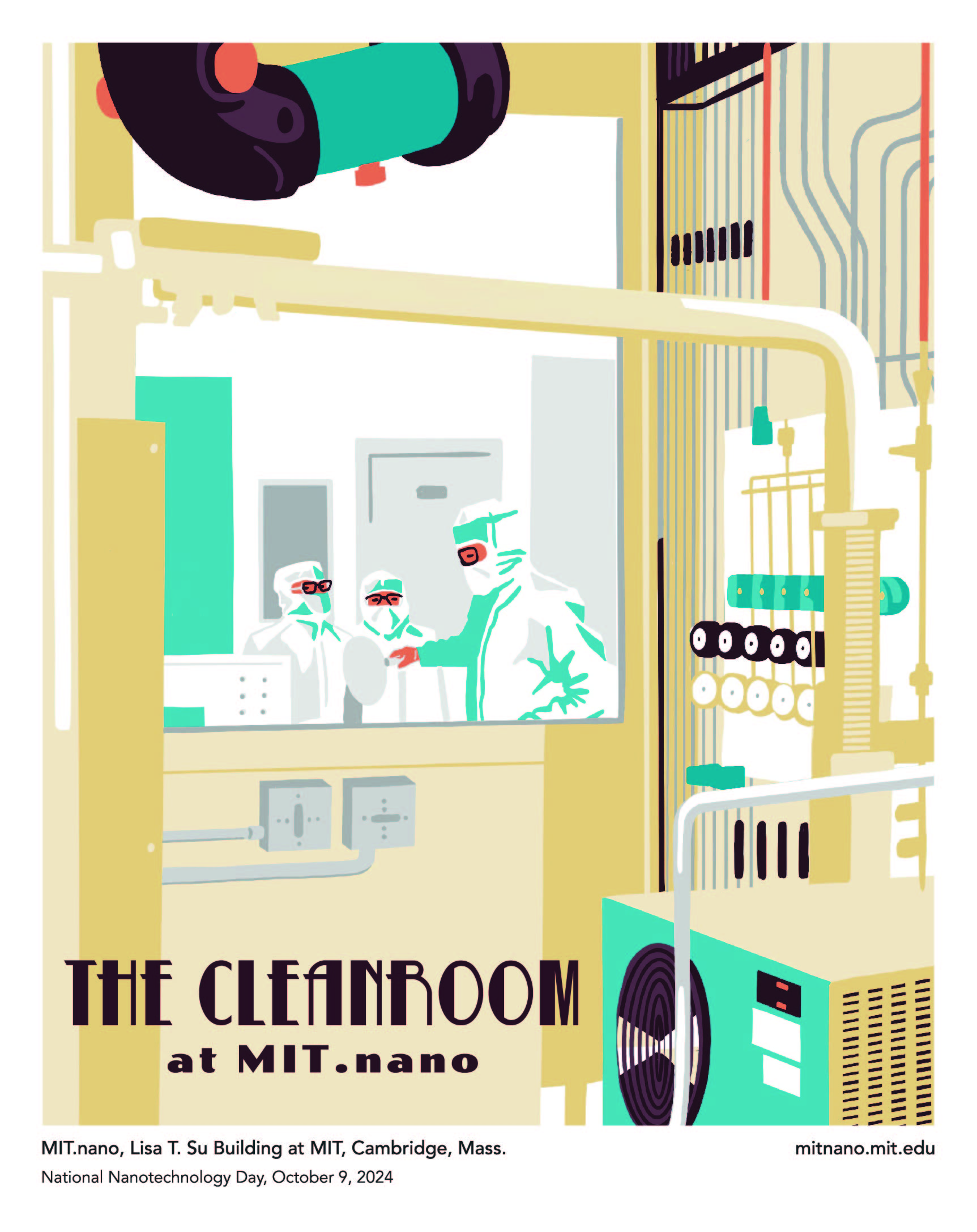 Three people look at a wafer in a cleanroom.