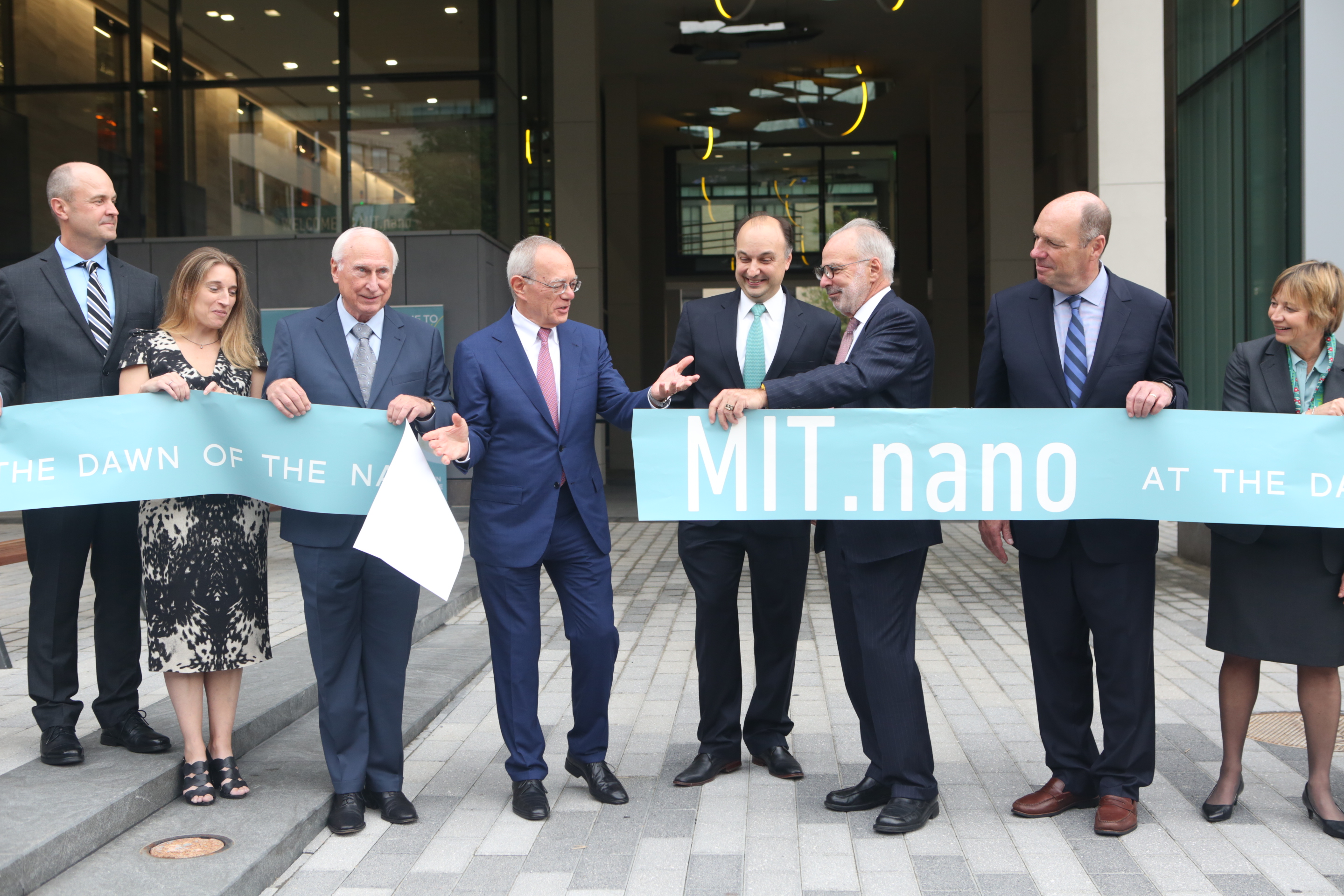 MIT President Rafael Reif and other Institute leaders cut the ribbon to open MIT.nano 