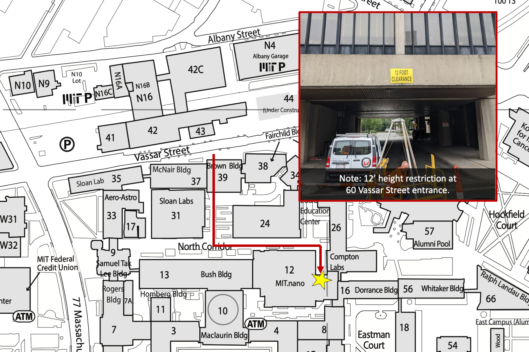 Map showing directions to MIT.nano's loading dock via 60 Vassar Street.