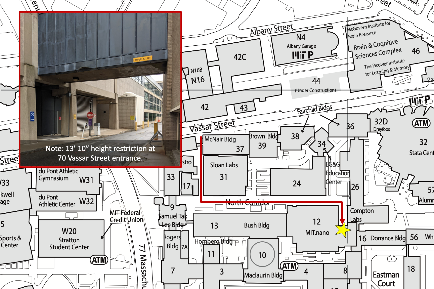 Map showing directions to MIT.nano's loading dock via 70 Vassar St.