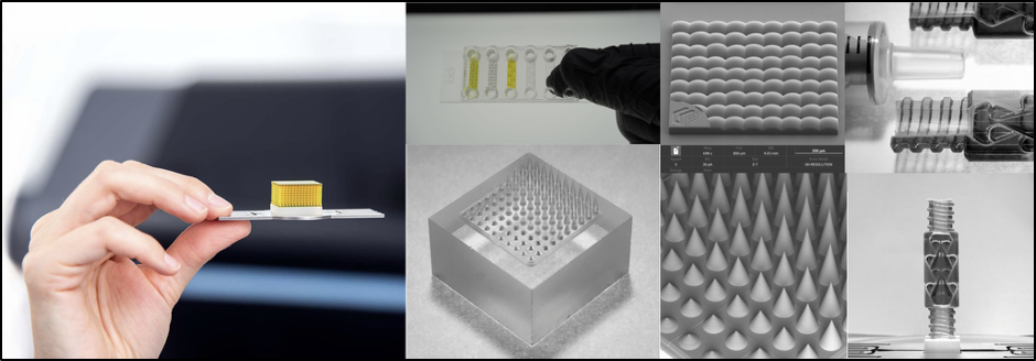Examples of structures fabricated using the UpNano NanoOne system across multiple length scales, highlighting its precision and geometric versatility. Shown from left to right are a micro spring array, in chip microfluidic print, microneedle array, lens array, and Tesla valve structures. Images courtesy of UpNano GmbH. 