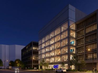 A rendering of the MIT quantum building exterior at night. Renderings: HGA Architects