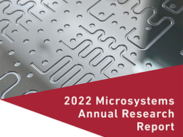 An image of a chip on the cover of the 2022 Microsystems Annual Research Report