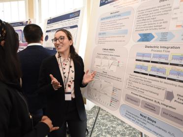 Gillian Micale, an MTL graduate student in the Department of Materials Science and Engineering, presents her research at the 2023 Microsystems Annual Research Conference.
