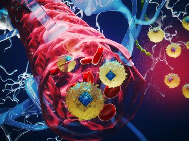 An artistic rendering of a chip going through a blood vessel.