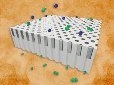 Schematic illustration of the membrane showing selective permeation of hydrogen (green) from a mixture of hydrogen and helium (blue) gases.