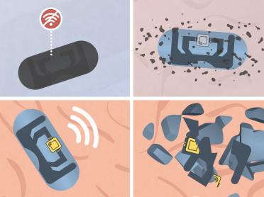 The outer layer of the capsule is made from gelatin coated with materials that block any radio frequency signal from being emitted (top left). Once the capsule is swallowed, the coating breaks down, releasing the drug along with the RF antenna (top right and bottom left). The materials are bioresorbable (bottom right).