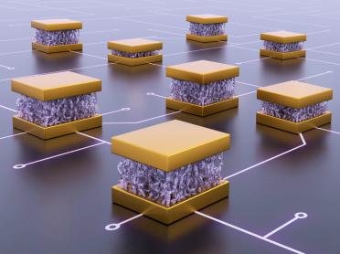 This illustration shows the nano-mechanical devices the researchers developed. Inspired by neurons, they can perform computing tasks with high energy efficiency.