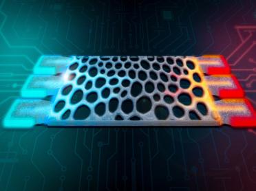 This artistic rendering shows a thermal analog computing device, which performs computations using excess heat, embedded in a microelectronic system.