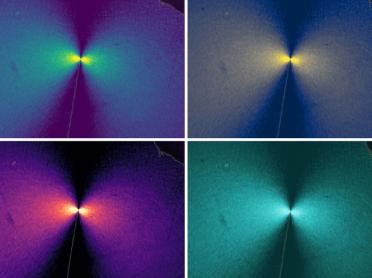 Researchers used a new visual technique to measure stress in a material as a dendrite crack grows. Here, the four graphs have the same data with different color schemes. Brighter colors correspond to higher stress, and a bowtie-shaped pattern can be seen at the crack tip.