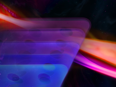 Graphic illustrating MIT’s new platform for manipulating light on the nanoscale. Thin structures represent patterned chromium sulfide bromide, a layered quantum material with different optical responses (represented by different shades of blue) depending on the application of a magnetic field. The orange and pink structure represents the resulting enhancement of light-matter interactions. Credit: Sampson Wilcox and Michael Hurley, MIT Research Laboratory of Electronics.