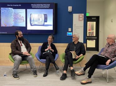 Brown University Assistant Professor Lindsay Caplan participates in a panel discussion with Gediminas Urbonas, associate professor of art, culture, and technology at MIT, and Mark Jarzombek, professor of the history and theory of architecture at MIT, moderated by Ardalan SadeghiKiv, lecturer of comparative media studies at MIT.